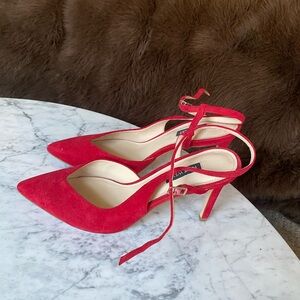 Nine West || Red Colored || Strappy Heels || Suede Leather || Velveteen